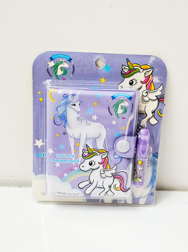 دفترچه پفکی به همراه خودکار طرح یونیکورن بنفش